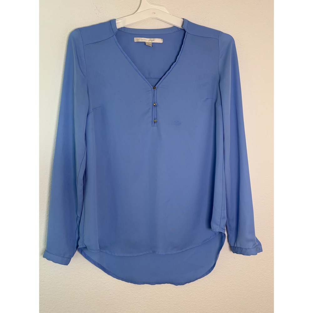 LC Lauren Conrad Blue V-Neck Long Sleeve Blouse Gold Button Top Small